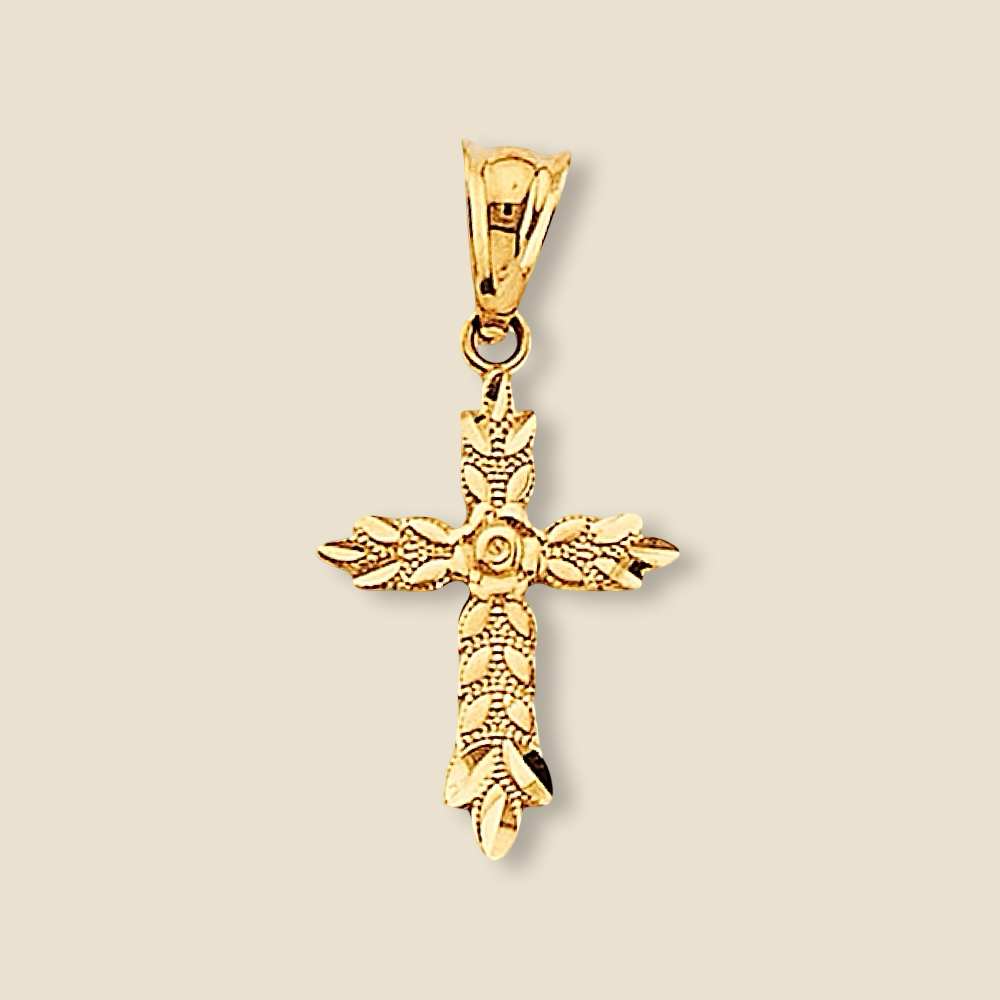 Studio image of a 14K yellow gold cross pendant with a central floral motif and detailed leaves, placed against a plain background for a sharp and elegant view.