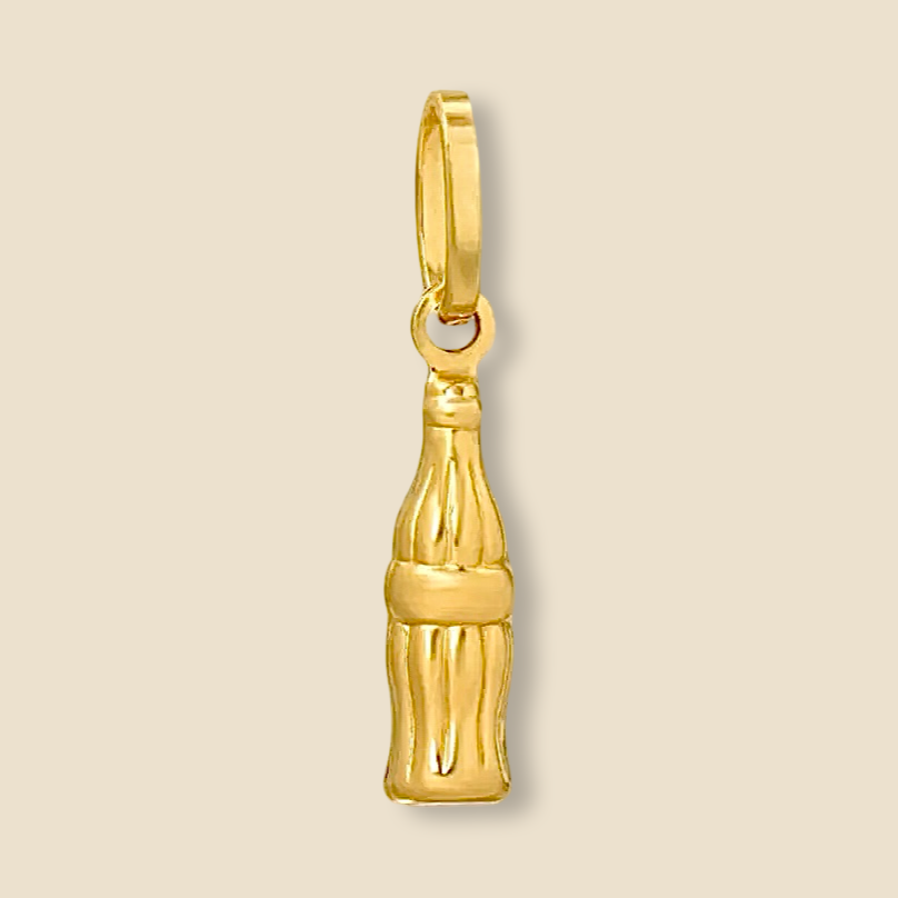 A 14K solid gold soda bottle pendant displayed against a clean background, showcasing its polished finish and intricate details.