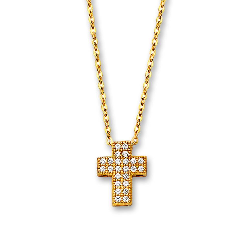 14K Yellow Gold CZ Cross Necklace displayed on a plain white background, showing delicate cubic zirconia stones on a fine gold chain, highlighting the minimalist and elegant design.
