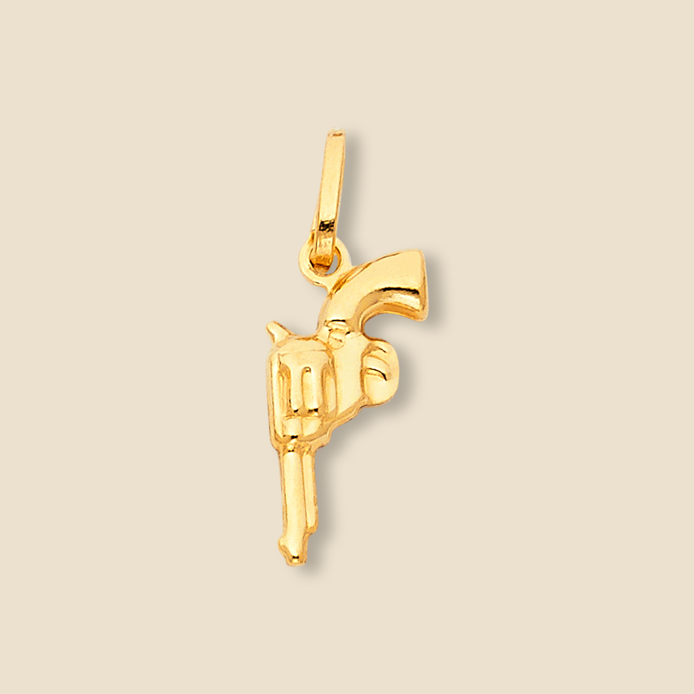 14K Yellow Gold Hollow Gun Pendant displayed on a plain background, highlighting its intricate shape and polished finish.
