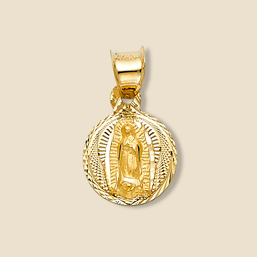 Minimalist image of a 14K yellow gold religious stamp pendant set against a plain background, clearly displaying its polished finish and symbolic engraving.