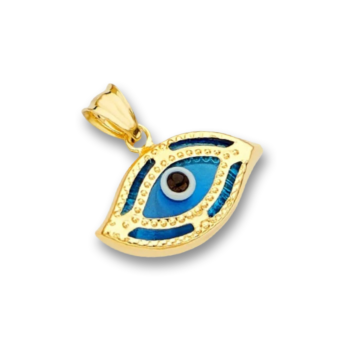 A close-up of a 14K yellow gold blue evil eye pendant displayed on a plain white background, showcasing its polished finish and intricate design.