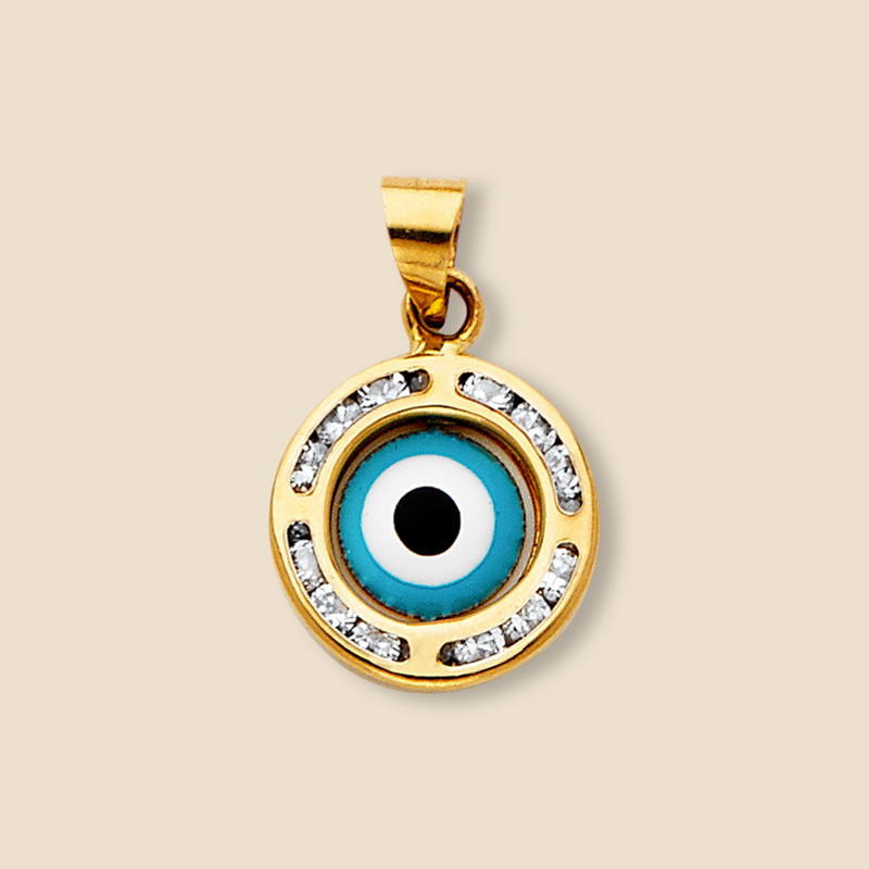 14K Yellow Gold Evil Eye Charm Pendant displayed against a plain background, showcasing its intricate detailing and polished finish.