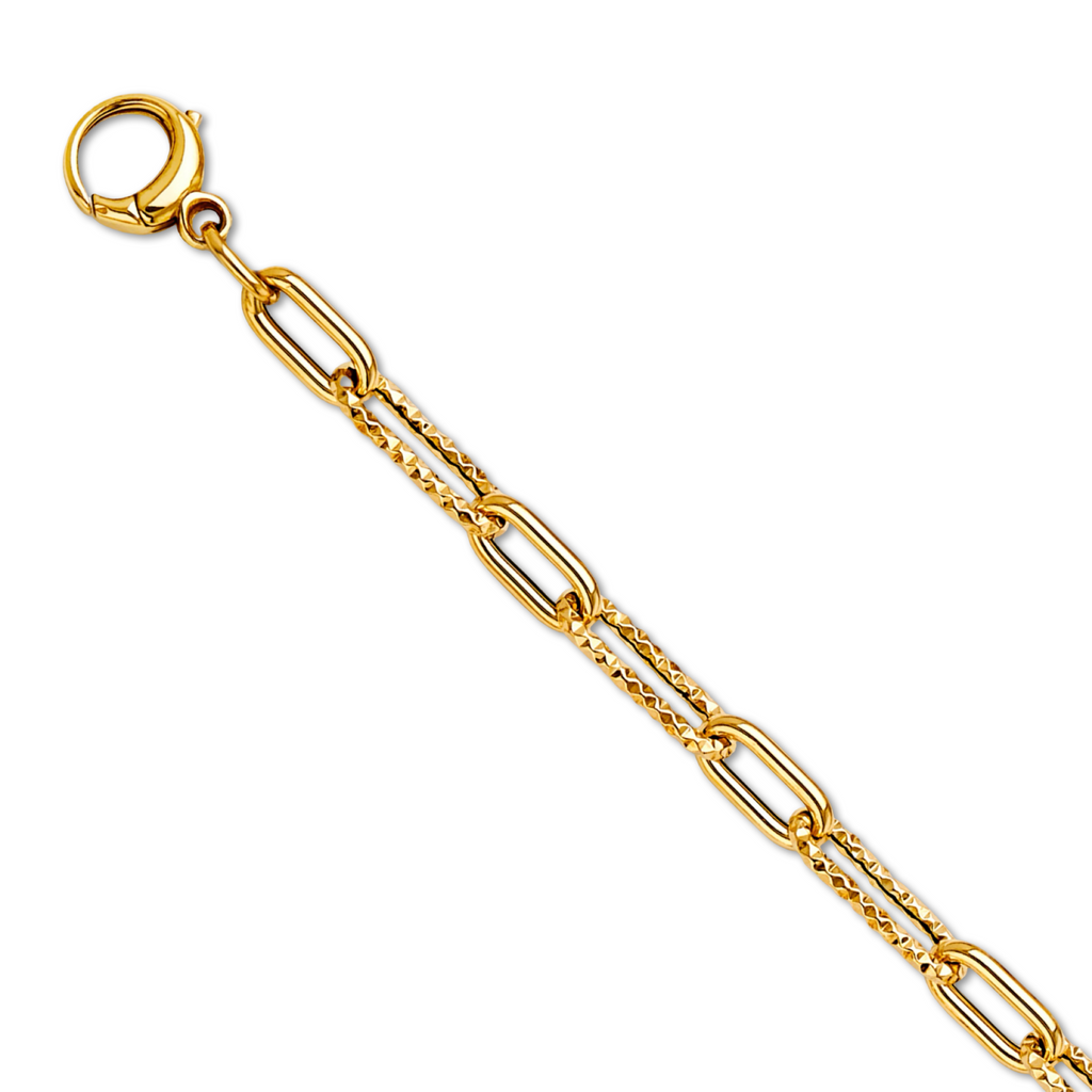 14K yellow gold paperclip 1+1 bracelet displayed on a plain white background, showing the sleek alternating links and polished shine.