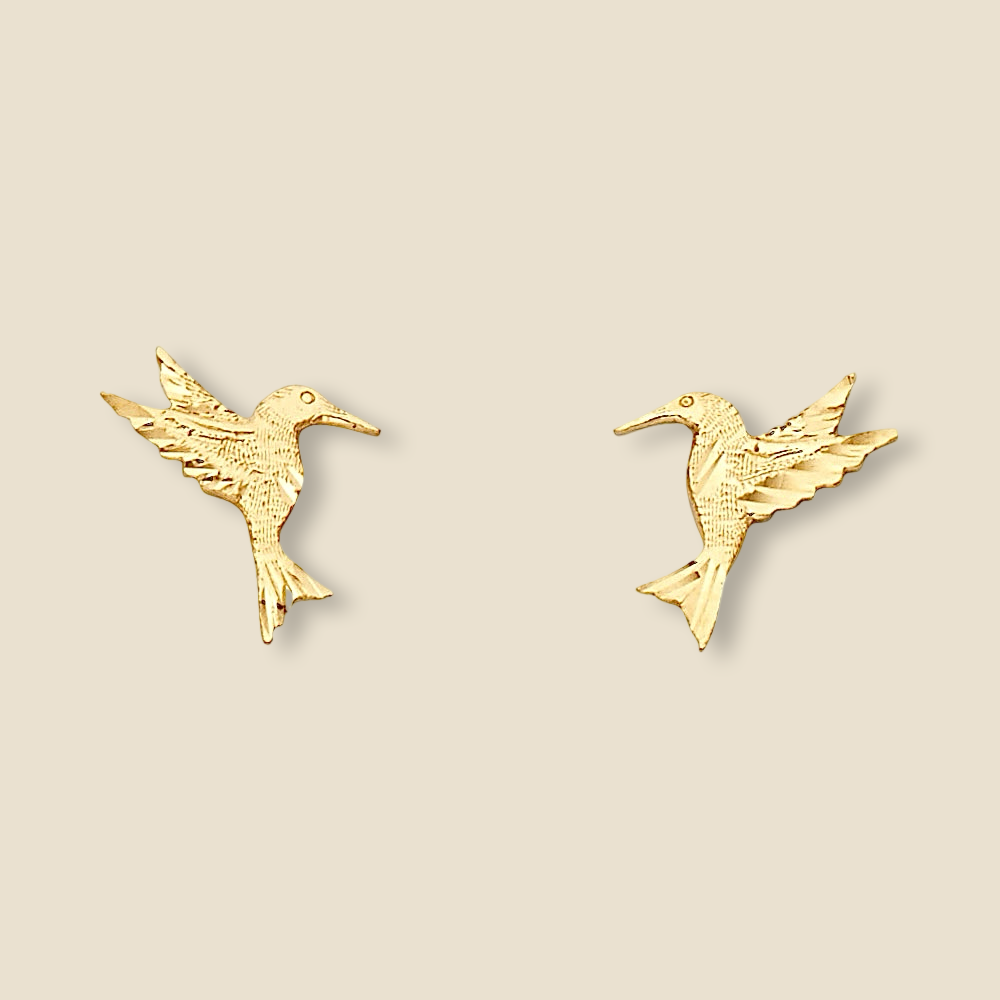 14K Solid Gold Hummingbird Stud Earrings displayed on a plain background, showcasing their fine details and polished finish.
