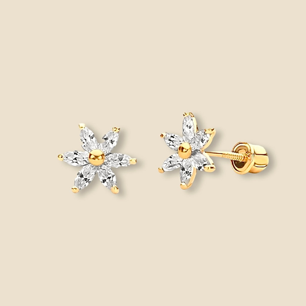 14K Gold White Flower Stud Earrings displayed on a plain background, featuring elegant white petals and shiny gold detailing with secure screw-back posts.