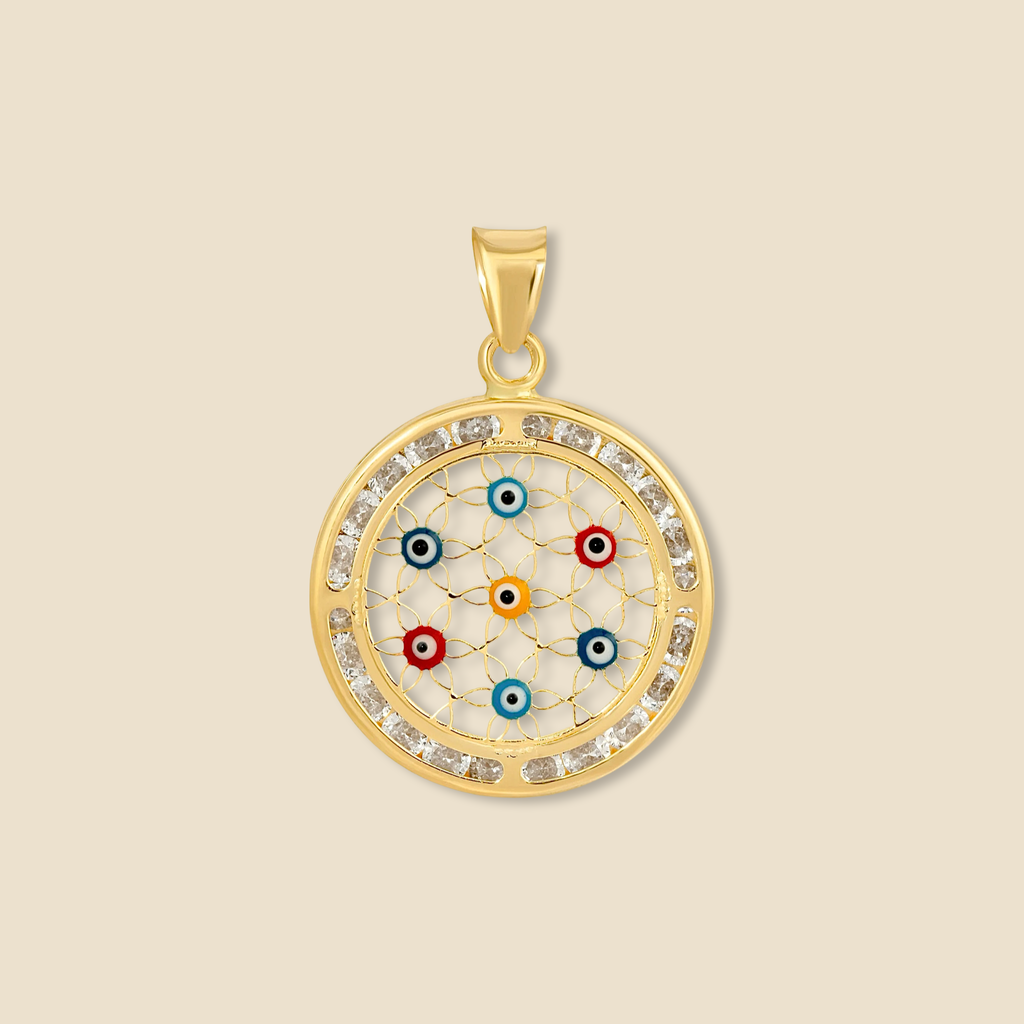14K Yellow Gold Evil Eye Charm Pendant shown on a plain background, highlighting its polished finish and classic protective symbol.