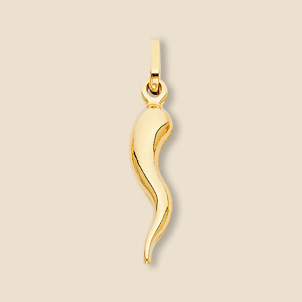 The 14K Yellow Gold Hollow Horn Pendant rests on a plain background, showcasing its minimalist design and smooth, polished finish.
