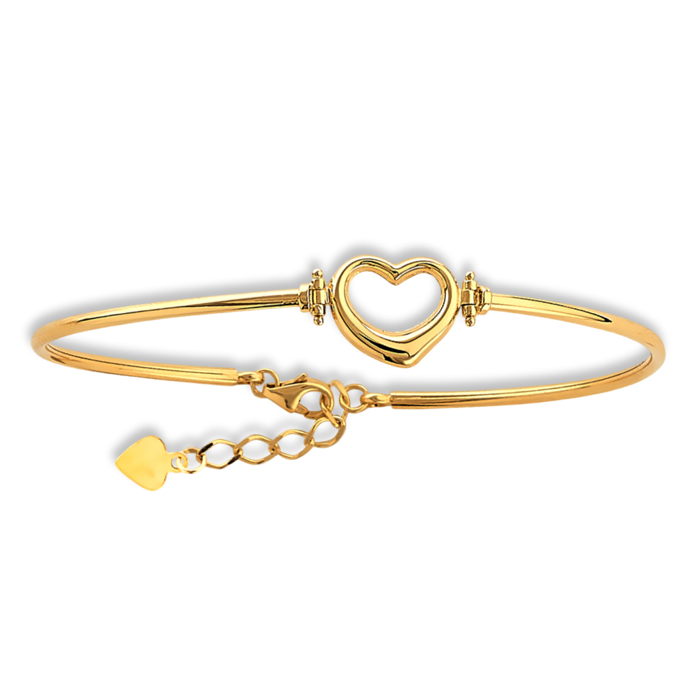 A dainty and elegant 14K yellow gold adjustable heart oval bangle is delicately laid on a white background. The smooth polished finish reflects warm light, highlighting the heart detail and graceful curvature of the bracelet, perfect for showcasing its refined craftsmanship.