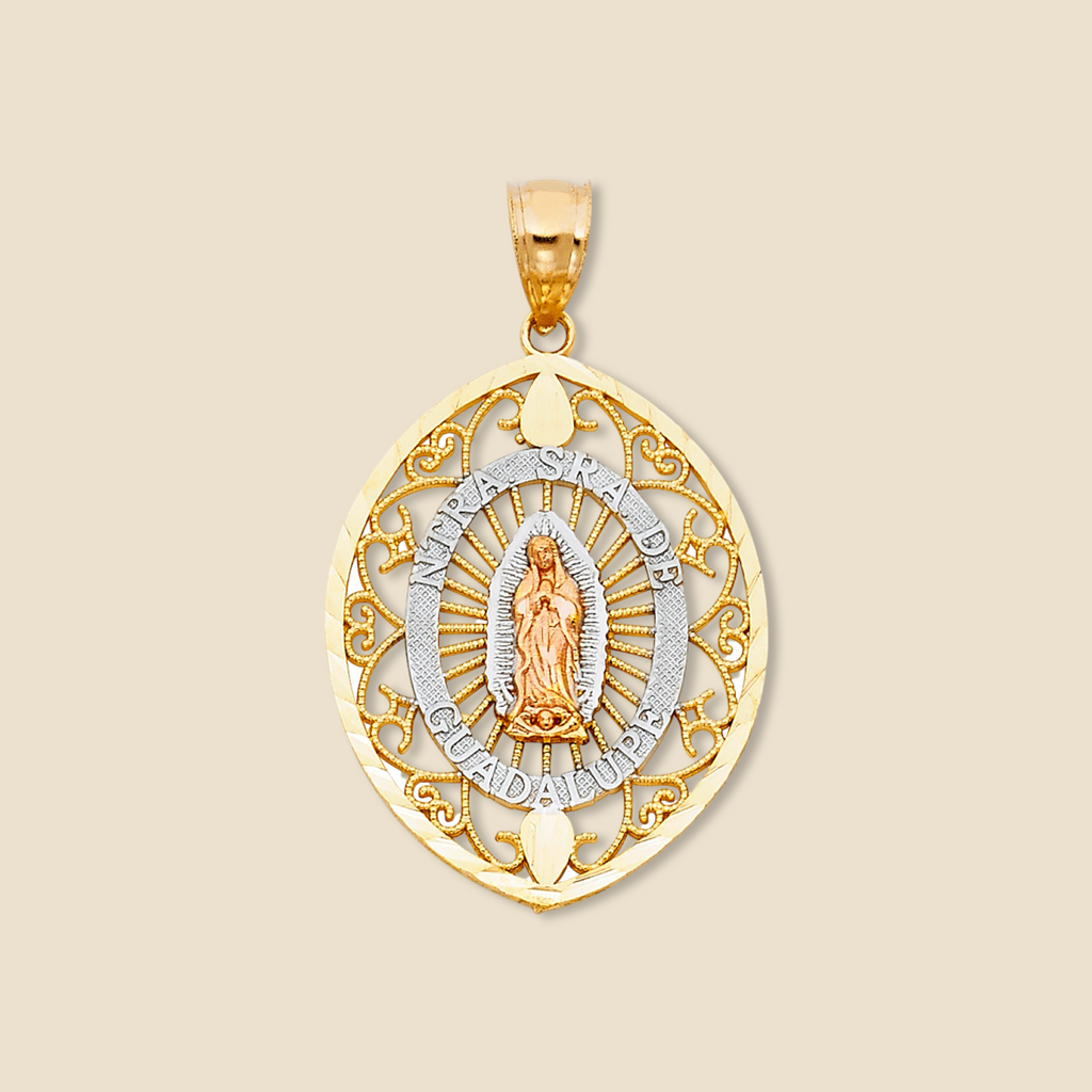 A beautifully detailed 14K Tri-Color Gold Our Lady of Guadalupe Pendant, featuring a radiant high-polish finish and intricate religious design, displayed against a plain background.