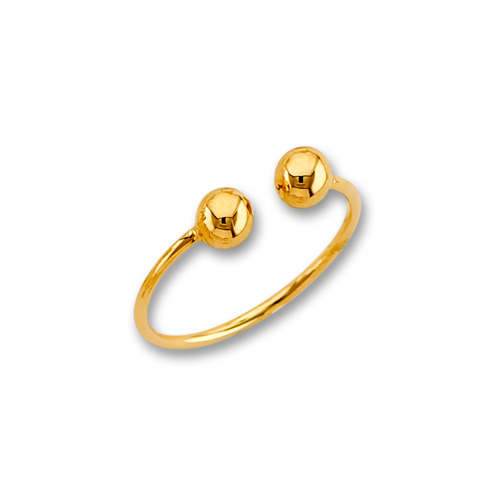 14K Yellow Gold Open Cuff Ball Ring on a plain white background, highlighting the open cuff style and smooth, polished ball ends.