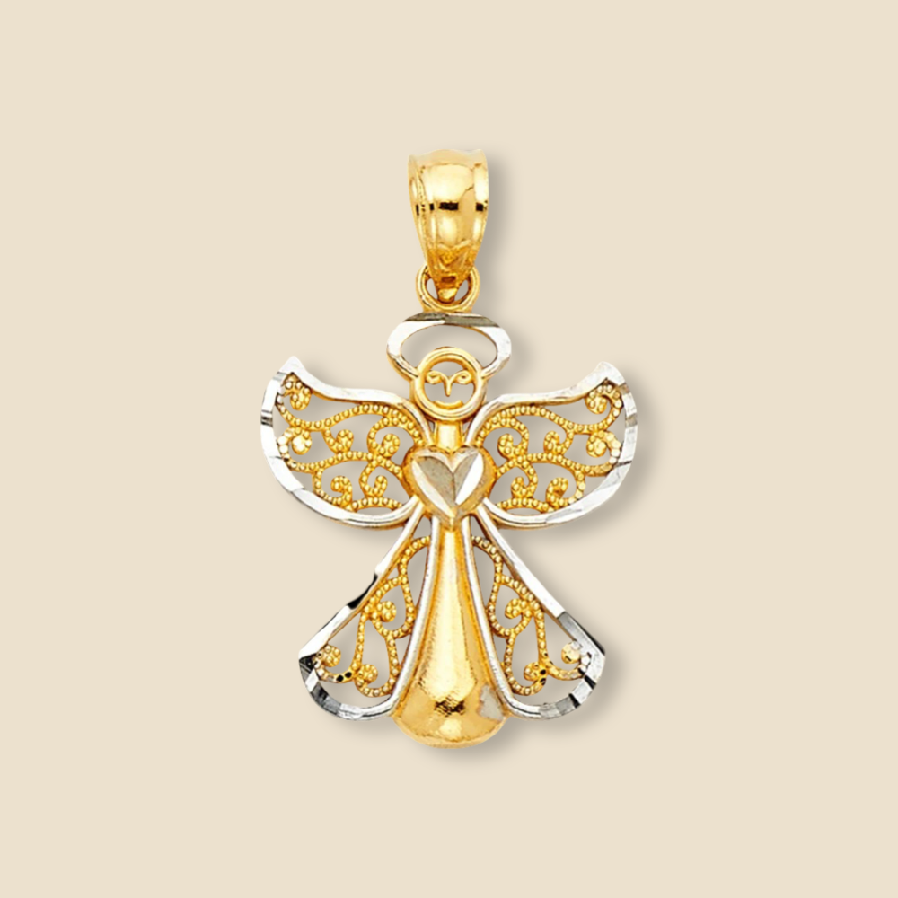 A close-up of the 14K Gold Two-Tone Angel Charm on a plain background, showcasing its intricate detailing and polished yellow and white gold finish.