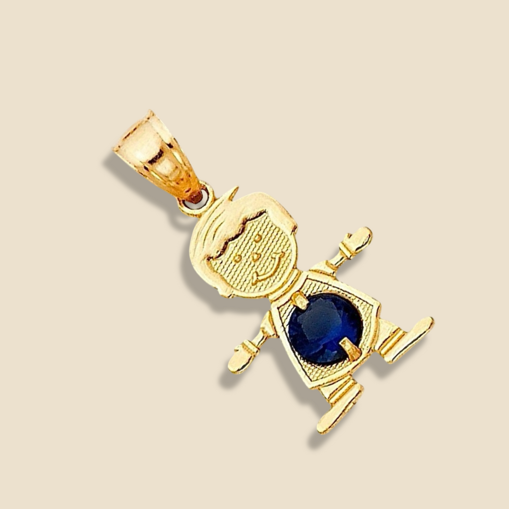 14K Solid Gold September Birthstone Boy Charm featuring a rich dark blue cubic zirconia stone, resting on a plain background to emphasize its polished gold finish and intricate details.