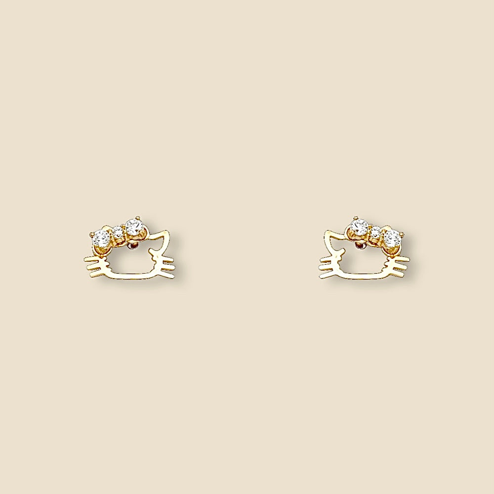 14K Solid Gold Cat Stud Earrings with screw-back closure displayed on a plain background, showing the detailed feline silhouette and polished gold finish.