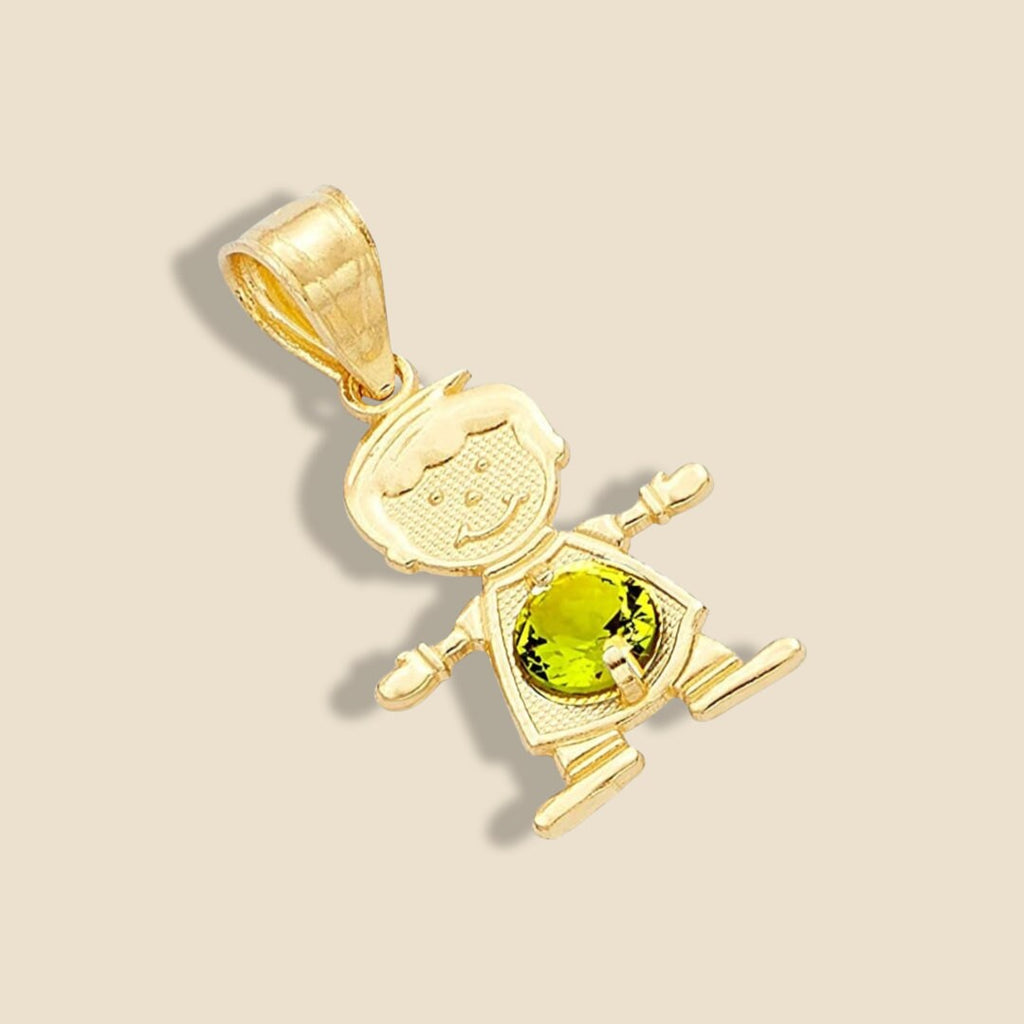 14K Solid Gold August Birthstone Boy Charm featuring a bright green cubic zirconia stone, resting on a plain background to emphasize its polished gold finish and intricate details.