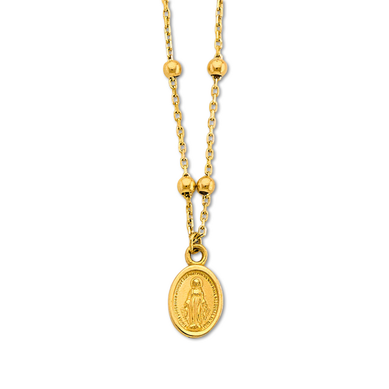 A 14K solid yellow gold Virgin Mary ball necklace displayed on a plain white background, highlighting the engraved religious design and polished gold finish.
