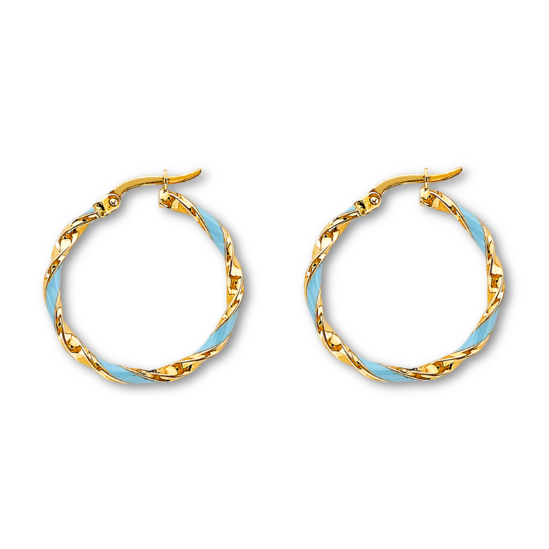 14K solid yellow gold enamel twisted hoop earrings featuring a polished finish and elegant twisted design, photographed on a white background to highlight fine details and craftsmanship.