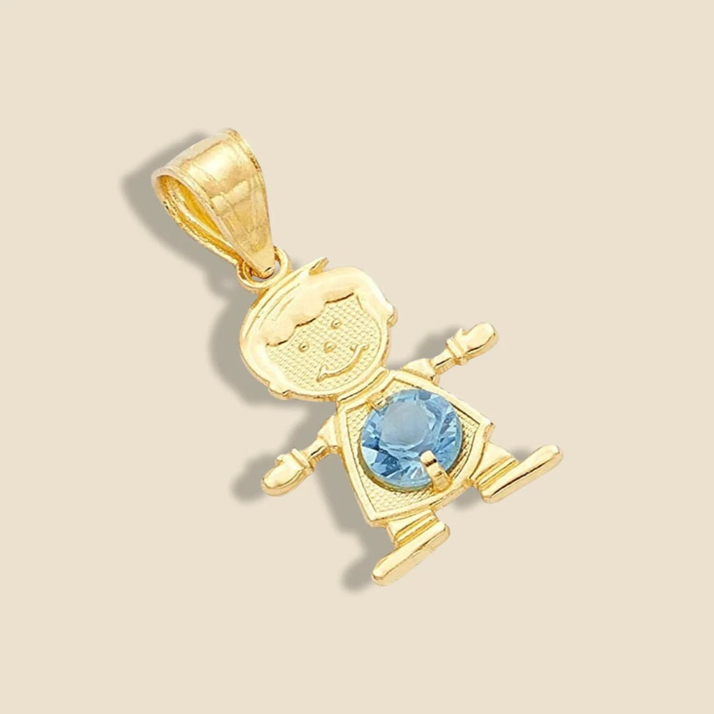 14K Solid Gold December Birthstone Boy Charm with blue cubic zirconia, photographed on a plain background to highlight its polished gold finish and detailed design.