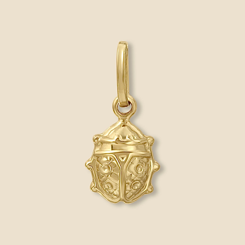 14k gold ladybird charm pendant photographed on a plain background, showcasing its delicate details and polished surface.