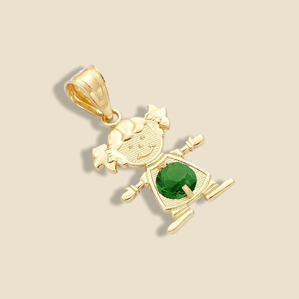 14K Solid Gold Girl Charm with green cubic zirconia, resting on a plain background, highlighting its polished finish and vivid birthstone sparkle.