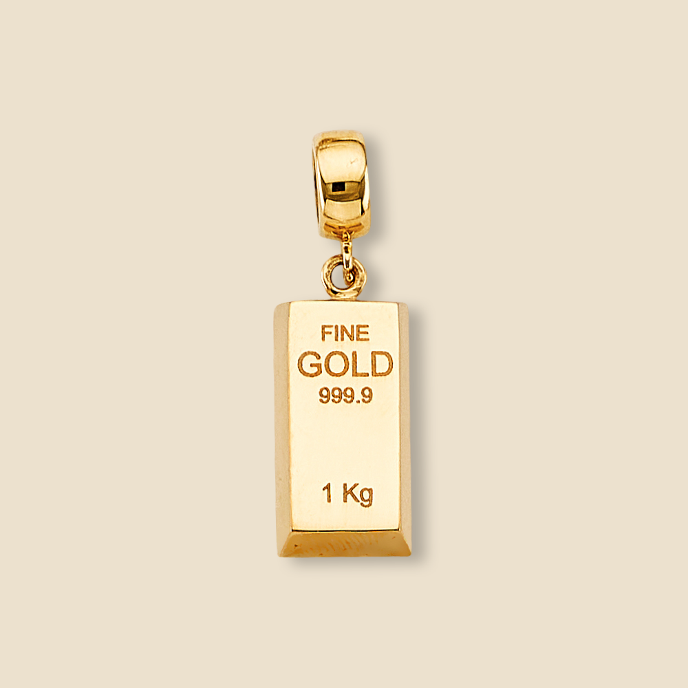 14K yellow gold vertical bar pendant isolated on a plain background, showing its clean, minimalist design clearly.