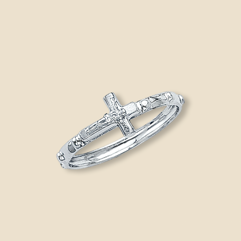 14K white gold rosary eternity band ring in size 7 displayed on a plain background, highlighting the dainty 2mm beaded design and polished finish.