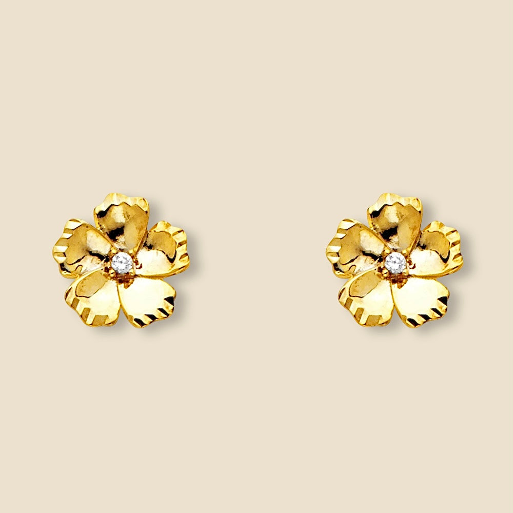14K gold CZ flower stud earrings displayed on a plain background for a minimal and elegant look.