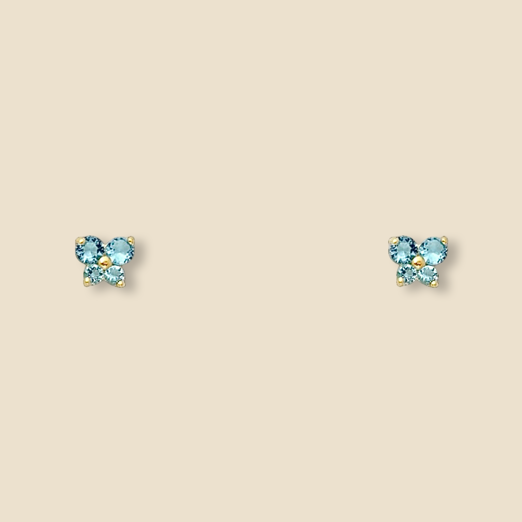 14K Gold Butterfly Birthstone Screw Back Stud Earrings featuring a blue topaz-inspired gemstone for December, displayed on a plain background to showcase their whimsical butterfly design and polished yellow gold finish.