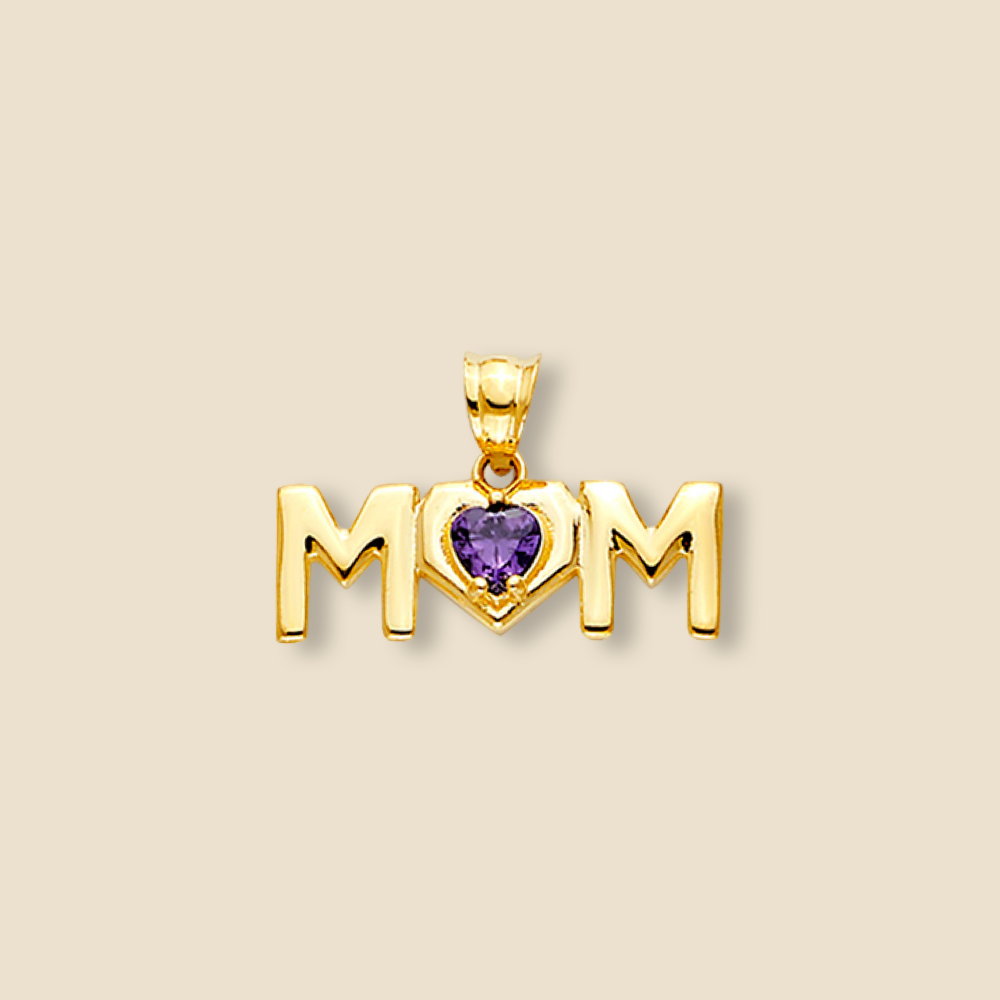 Close-up of the 14K Yellow Gold MOM Pendant with CZ stones, shown on a plain background highlighting its shine and elegant lettering.