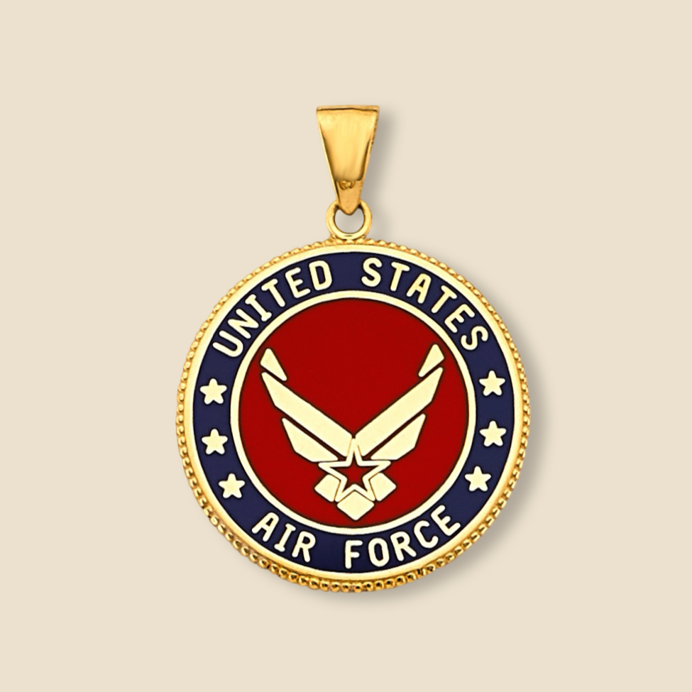 Front side of 14K Gold US Air Force Pendant photographed against a plain background with crisp lighting.