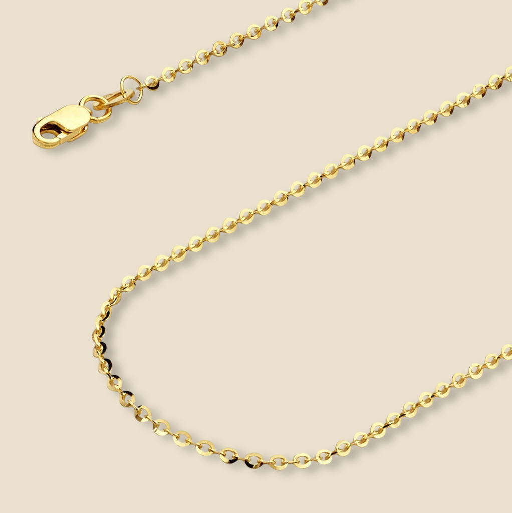 14K Yellow Gold Rolo Cable Chain Necklace displayed on a plain background, showcasing its classic 1.6mm link design and polished finish.