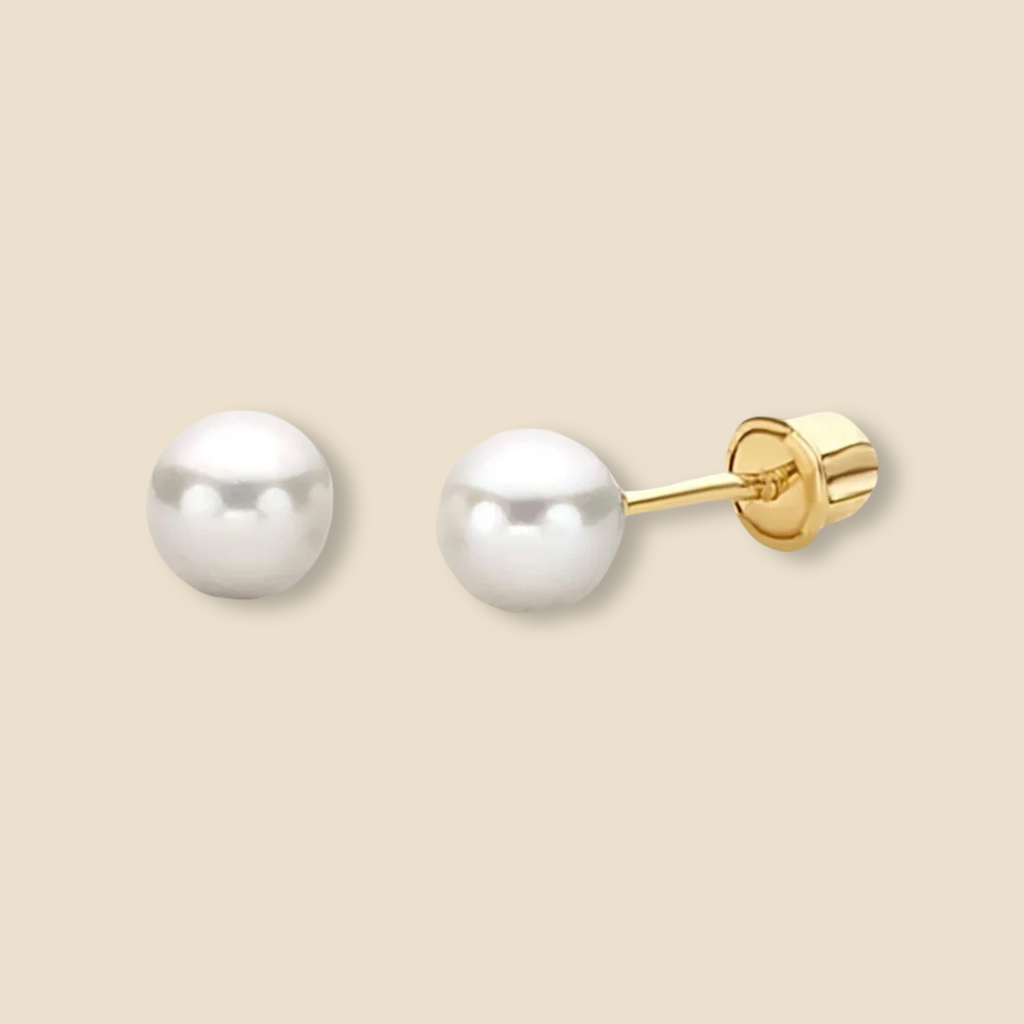 14K Yellow Gold 5mm Pearl Stud Earrings shown on a plain background, featuring luminous round pearls in a classic stud design with a secure screw-back closure.