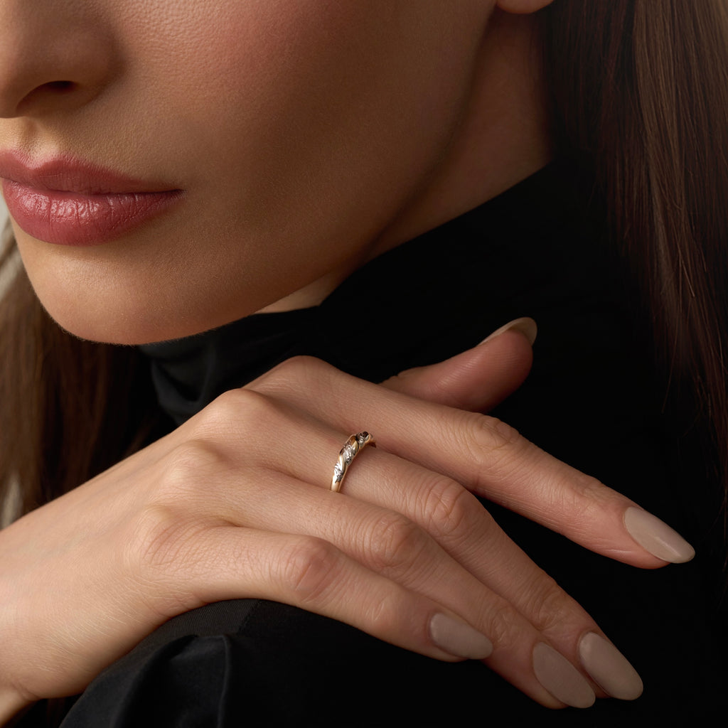 Model wearing the 14K Two-Tone Fancy Ring, highlighting its sleek two-tone shine and sophisticated, minimalist style.