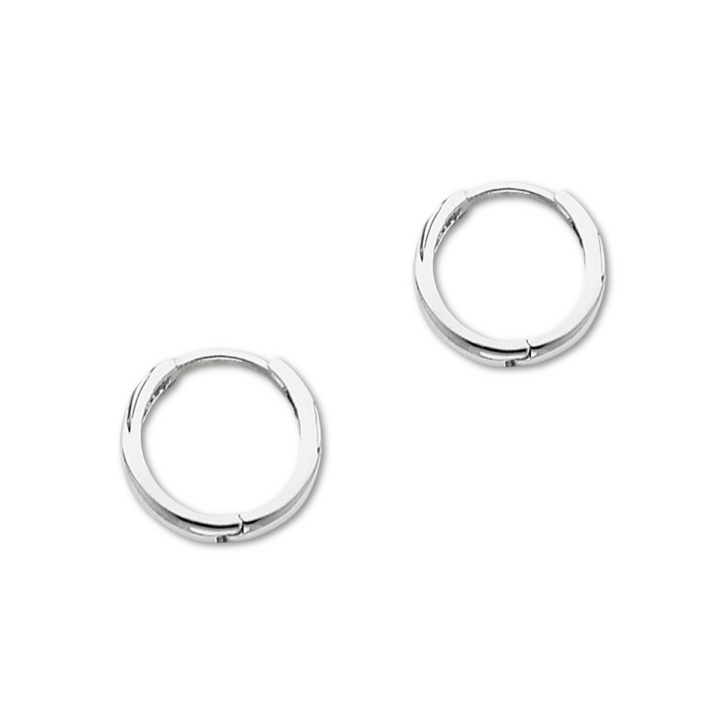 A pair of small 14K white gold Huggies earrings shown against a plain backdrop, revealing the sleek curvature and 10mm diameter of each hoop.