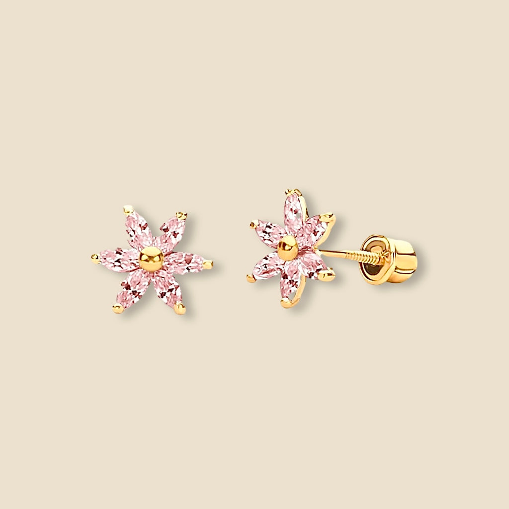 14K Gold Pink Flower Stud Earrings with screw-back closure shown on a plain background, highlighting the soft blush pink petals and polished gold finish.