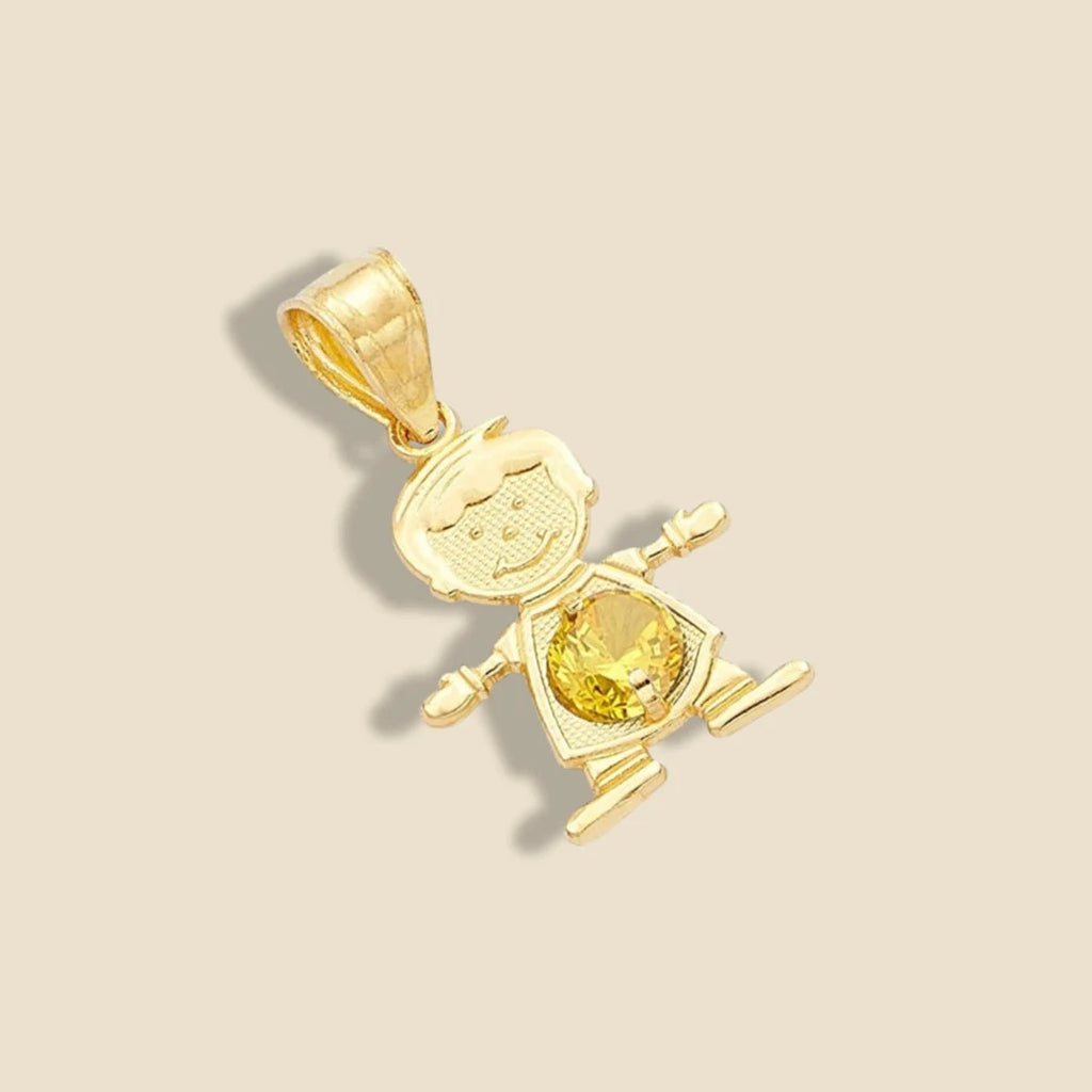 14K Solid Gold November Birthstone Boy Charm featuring a yellow cubic zirconia, styled on a white background to showcase its polished gold finish and clean silhouette.
