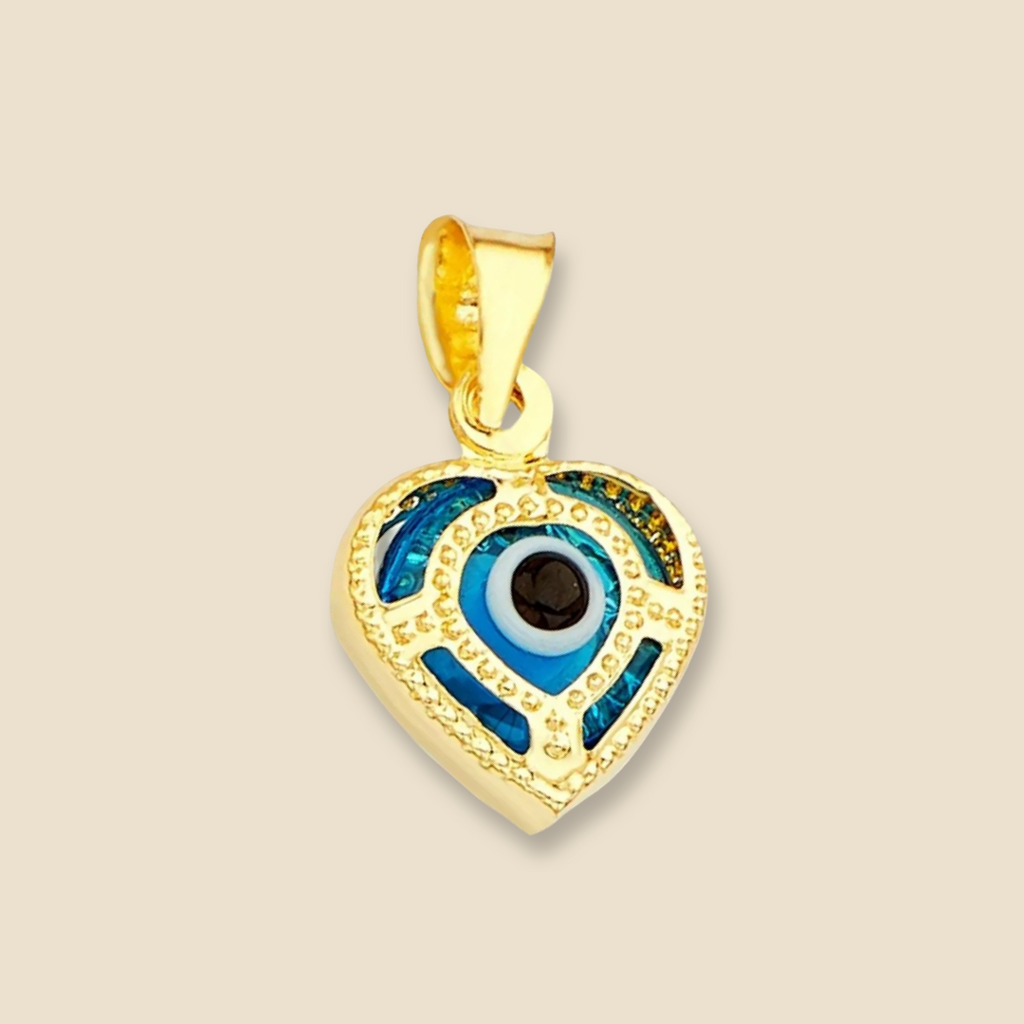 14K yellow gold heart-shaped evil eye pendant with blue center displayed on a plain white background, highlighting its polished finish and fine detail.