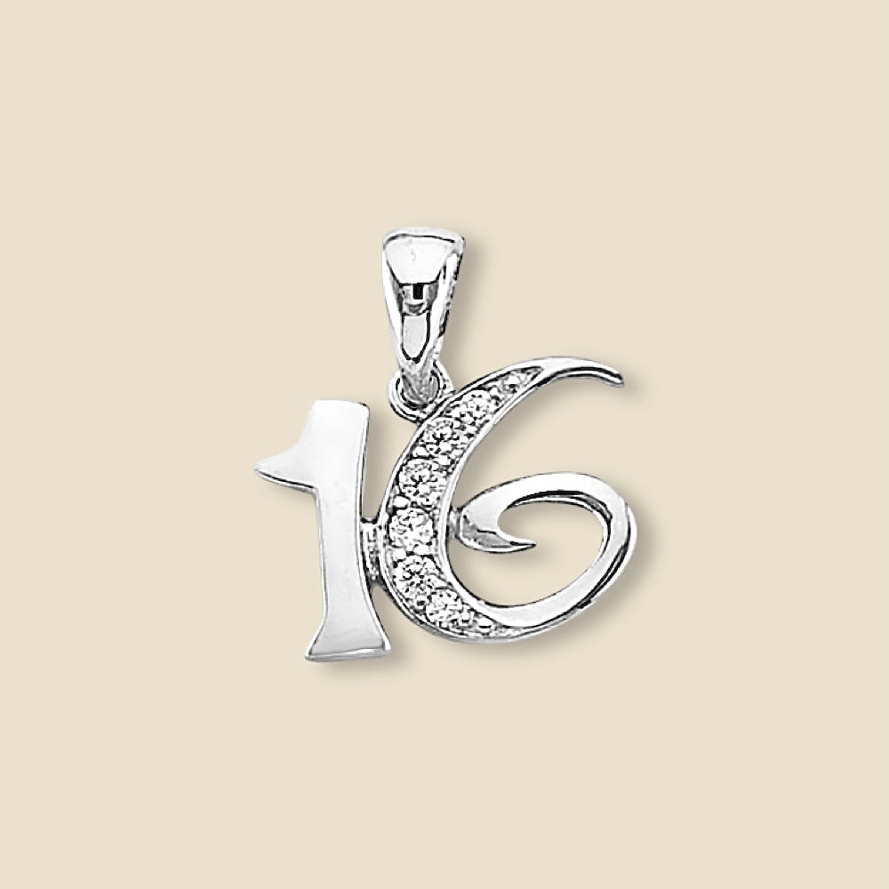14K Solid White Gold Sweet 16 Charm Pendant displayed against a plain background, highlighting its polished gold finish, elegant design, and intricate craftsmanship.