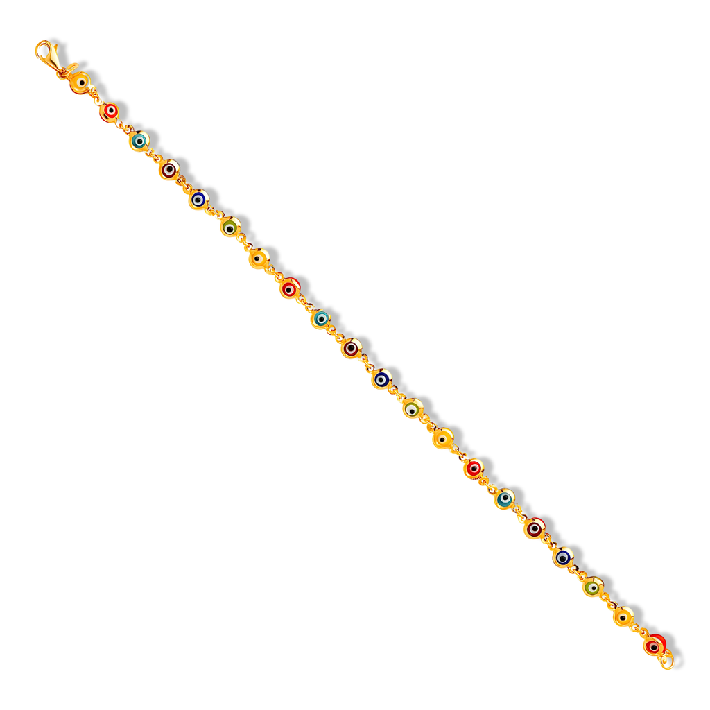 14K gold mixed color evil eye bracelet featuring vibrant enamel charms resting on a white plain background, showcasing intricate detail and fine craftsmanship.