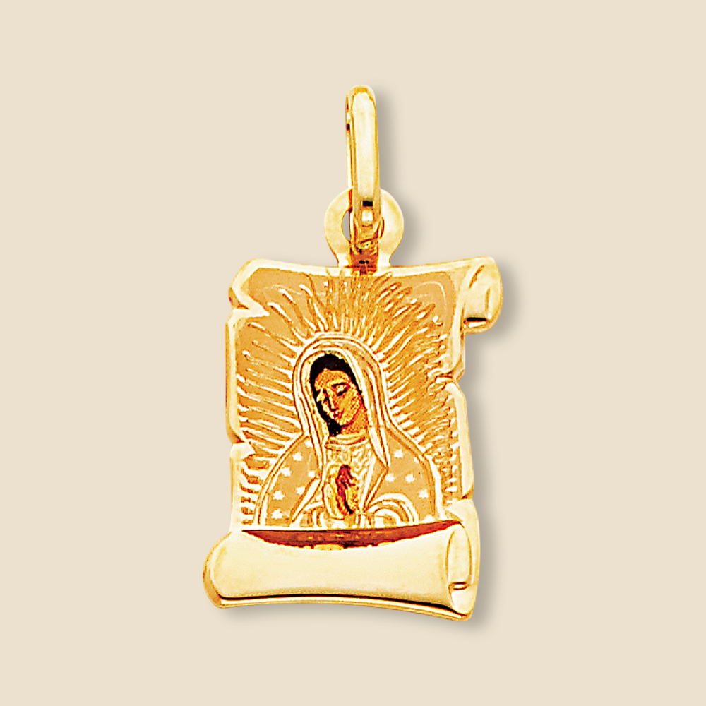 Large 14K real gold Virgin Mary of Guadalupe pendant, approximately 18mm x 13mm in size, displayed on a plain background. The high-shine finish enhances the fine craftsmanship of the sacred image, showcasing a beautiful balance of devotion and luxury.