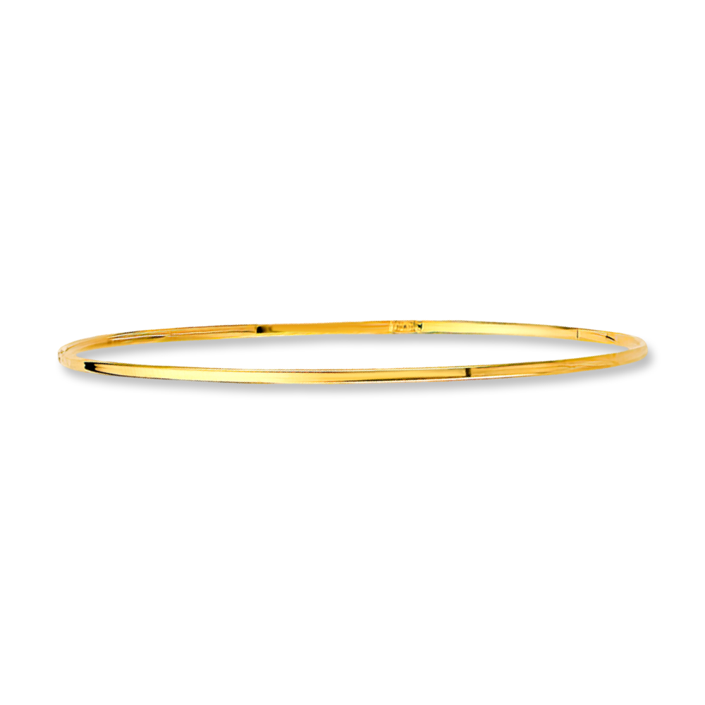 A 14K yellow gold plain bangle bracelet with a slim 1.5mm width shown on a crisp white background, reflecting light off its polished gold surface.