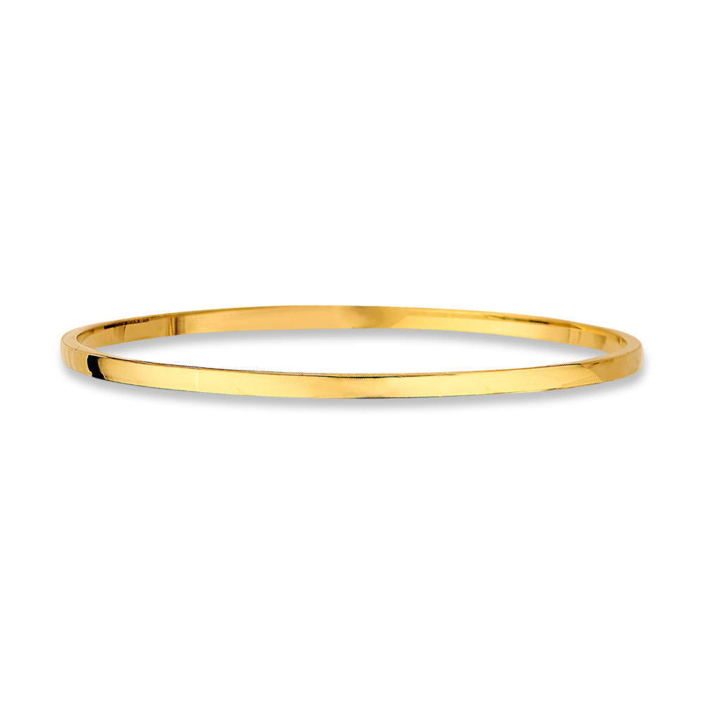 A high-resolution studio shot of a 14K yellow gold square bangle bracelet with a 3mm hollow design, photographed against a white background to emphasize its fine polish and structured silhouette.
