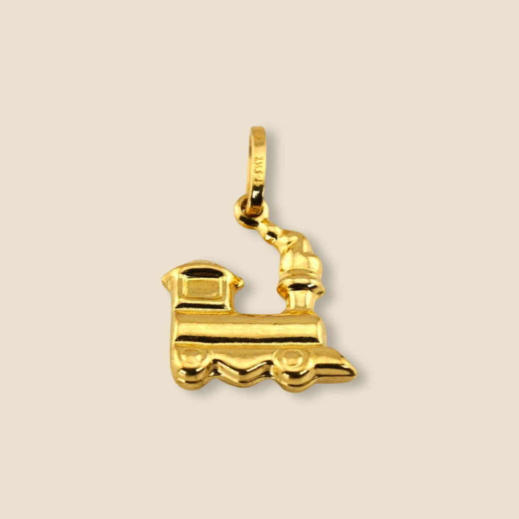 Back view of the 14K Real Gold Train of Love Pendant shown against a plain background, highlighting the smooth polished surface and hallmark stamp.