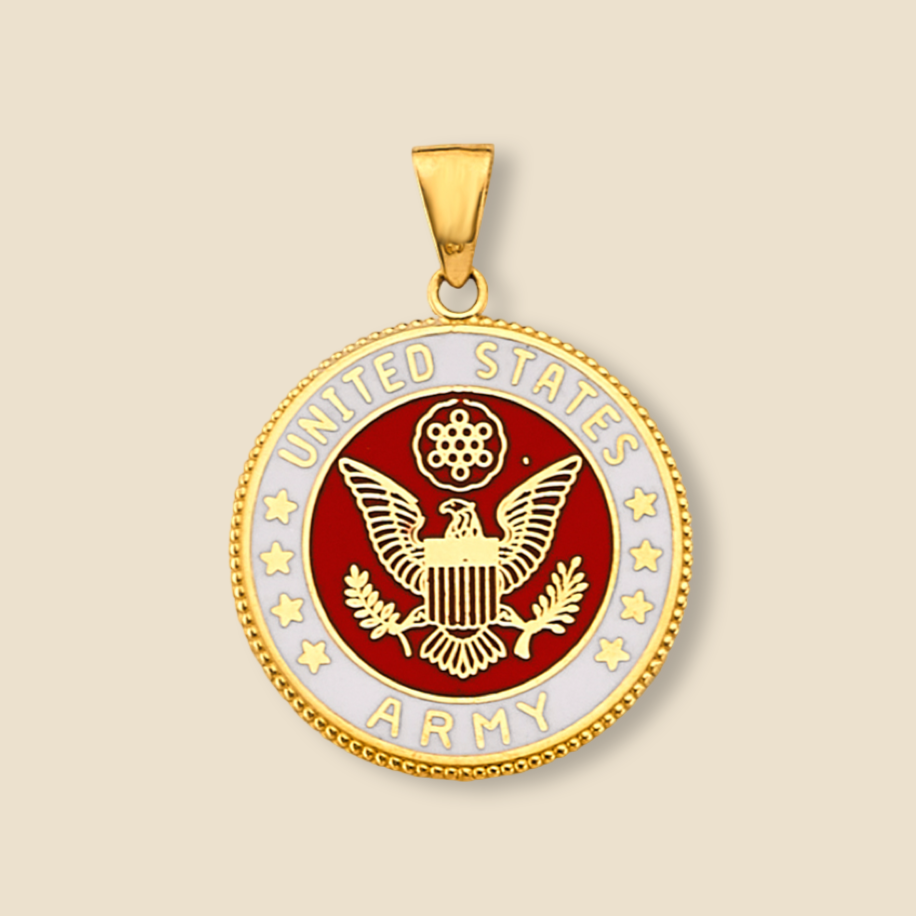 US Army pendant in 14K yellow gold displayed against a plain background, clearly showing the double-sided design and bold engraving.