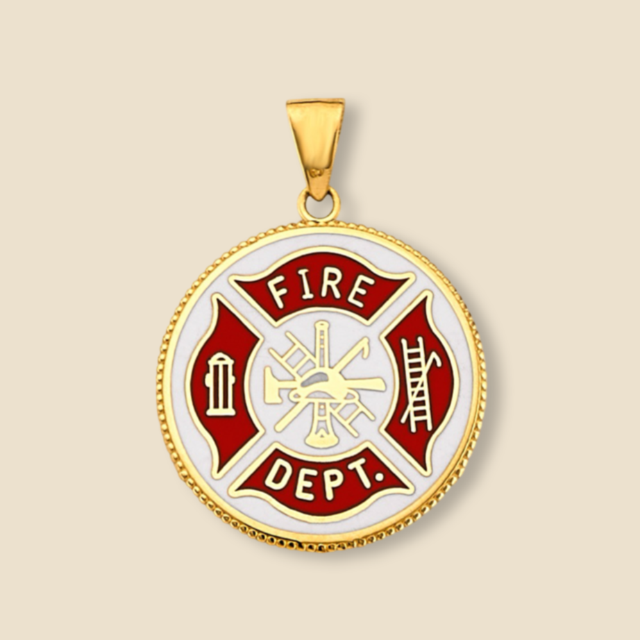 High-resolution view of a 14K Yellow Gold Fire Department Pendant against a plain background, emphasizing its bold and clean design.