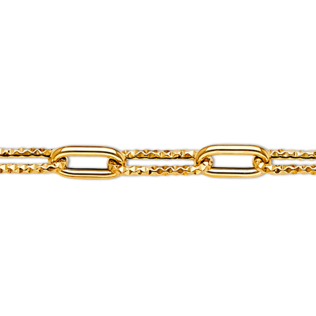 lose-up zoomed image of a 14K yellow gold paperclip 1+1 bracelet on a white background, highlighting the fine details and smooth gold finish of the links.