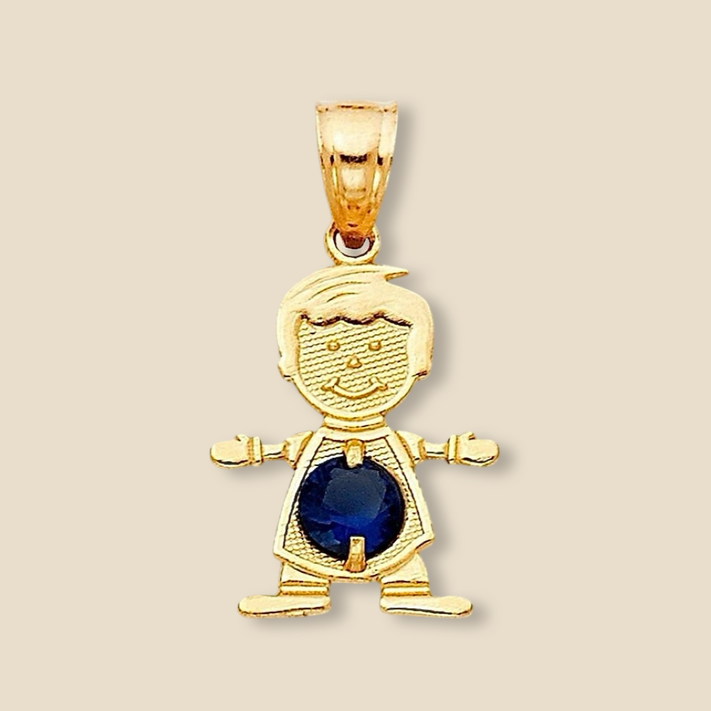 14K Solid Gold September Birthstone Boy Charm featuring a rich dark blue cubic zirconia stone, resting on a plain background to emphasize its polished gold finish and intricate details.