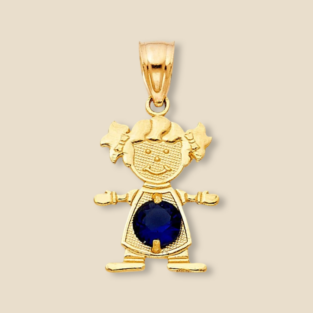 14K Solid Gold Girl Charm with deep dark blue cubic zirconia stone, resting on a plain background to highlight the sparkle and warmth of the gold.