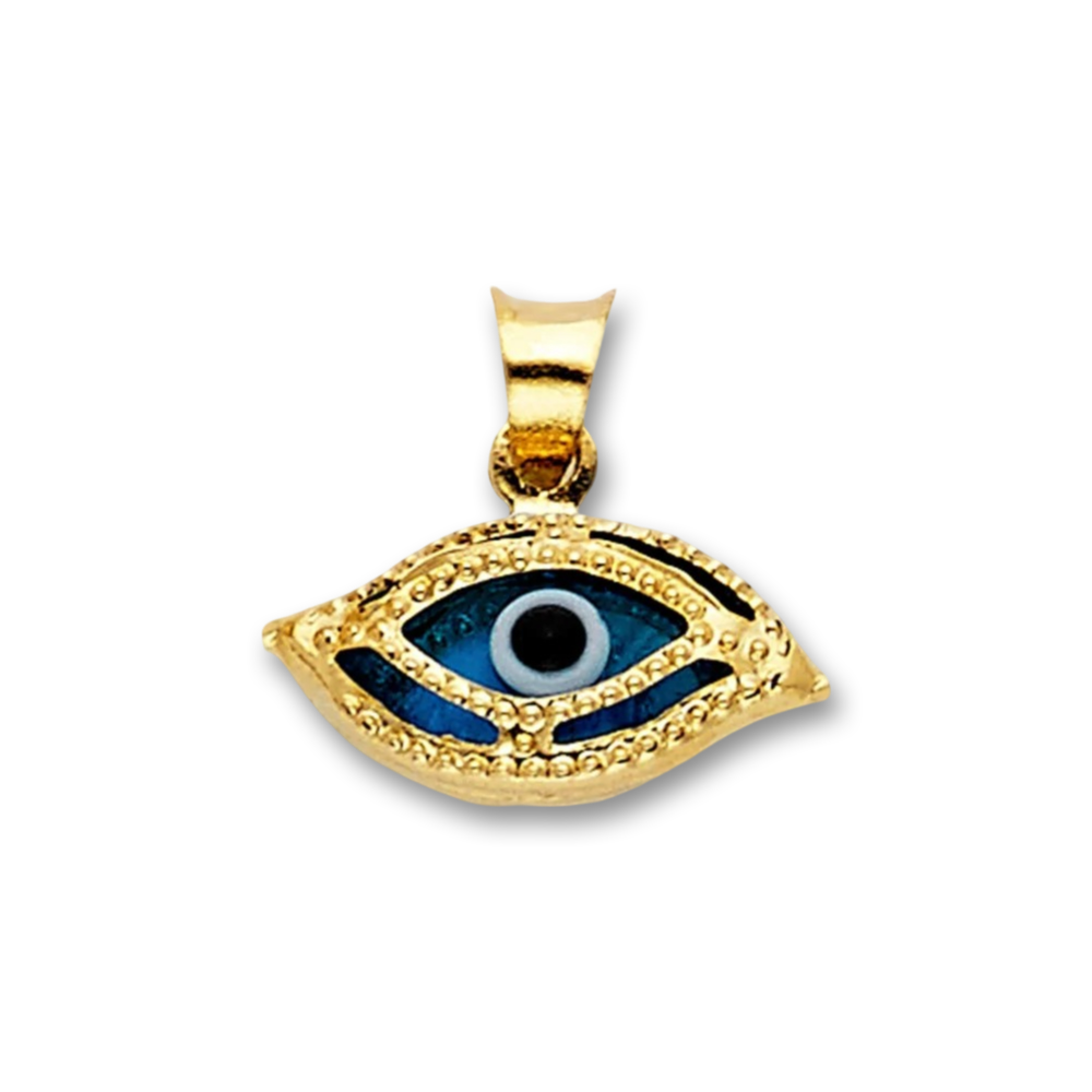 A close-up of a 14K yellow gold blue evil eye pendant displayed on a plain white background, showcasing its polished finish and intricate design.