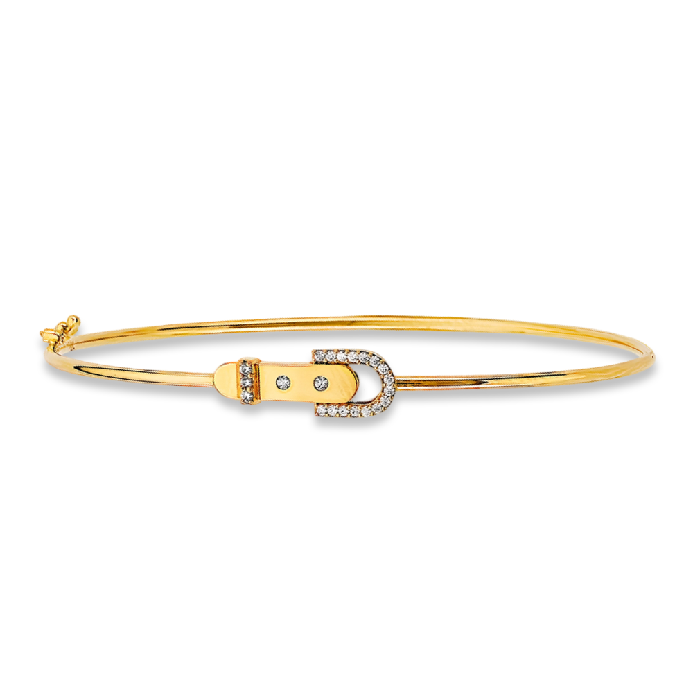 Minimalist 14K yellow gold CZ bangle laid flat on a white backdrop, showcasing its lightweight and elegant construction.